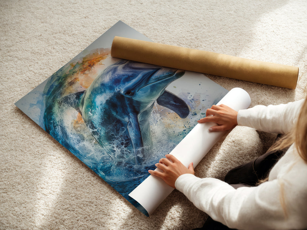 A woman is carefully rolling a fine art poster paper. Preparing a dolphin artwork. The fine art poster paper ensures quality and detail. Perfect for art lovers. Explore fine art posters now