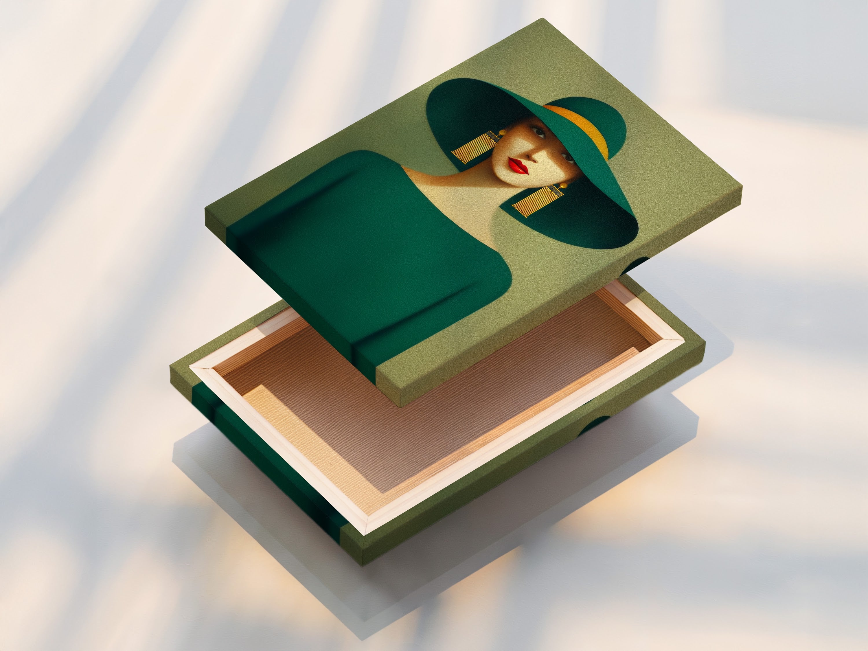 A stretched canvas print of the elegant woman portrait is displayed. The artwork features an emerald green hat and gold earrings. This stretched canvas is perfect for adding a touch of vintage fashion to any room.