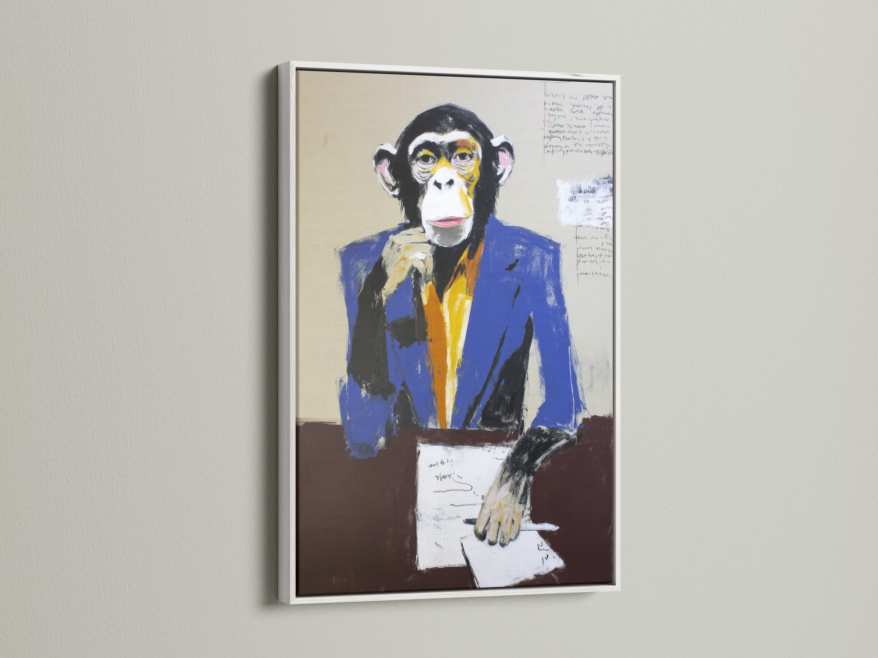 The business monkey artwork is elegantly framed in white. This white frame complements the contemporary animal artwork. It creates a clean modern aesthetic for office wall decor. This artwork is perfect for adding a quirky touch to any workspace or boardroom.