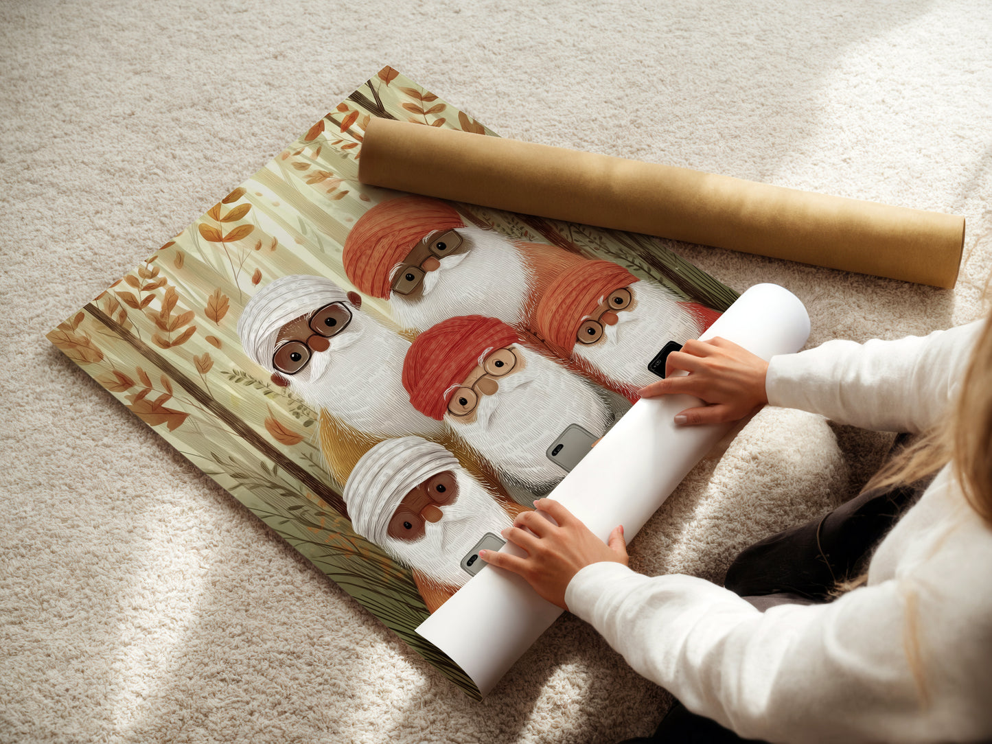 A woman is rolling a fine art poster paper. The paper features the gnome family artwork. This highlights the care in crafting high-quality art prints. Perfect for those who appreciate detailed art and craftsmanship.