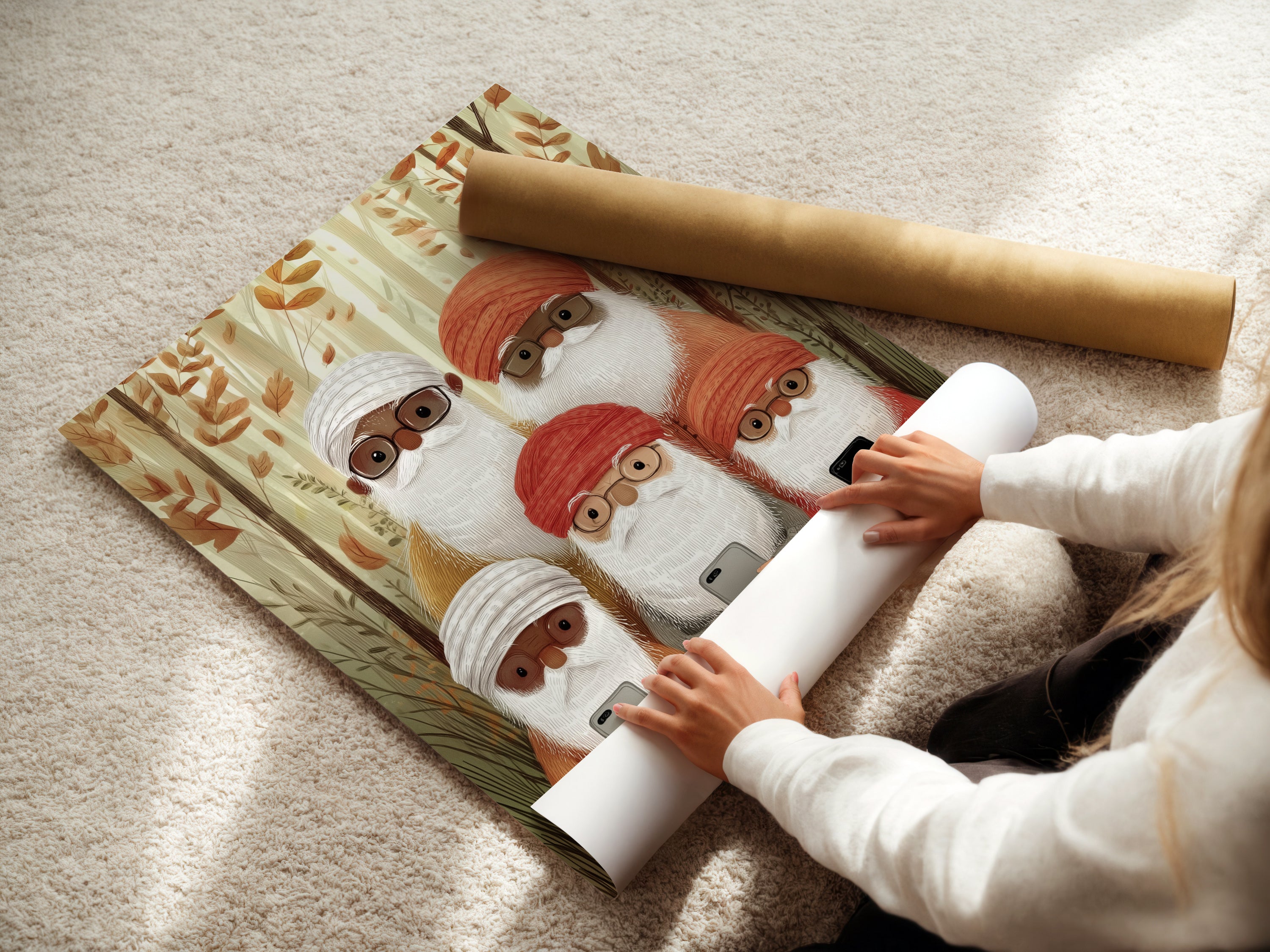 A woman is rolling a fine art poster paper. The paper features the gnome family artwork. This highlights the care in crafting high-quality art prints. Perfect for those who appreciate detailed art and craftsmanship.