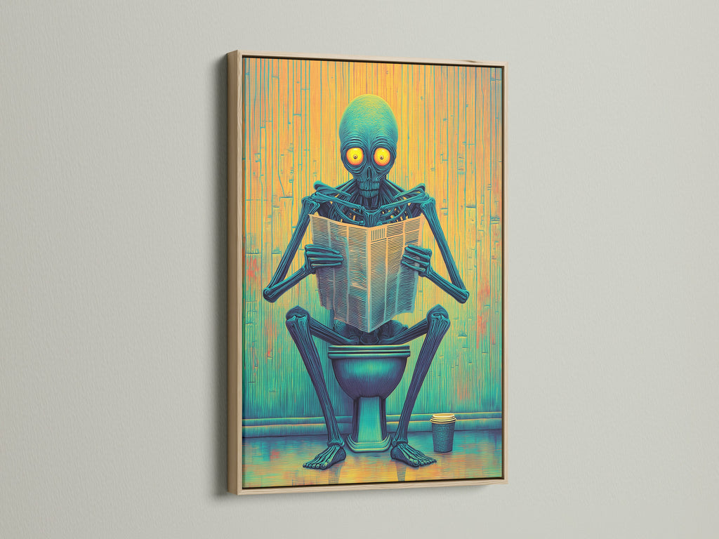 The Alien on Toilet artwork is showcased. The print is framed in oak. This modern wall art is ideal for bathrooms and gaming rooms. The sci-fi novelty poster adds humor. It also brings a unique touch to your space. The teal and yellow colors stand out.