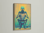 The Alien on Toilet artwork is showcased. The print is framed in oak. This modern wall art is ideal for bathrooms and gaming rooms. The sci-fi novelty poster adds humor. It also brings a unique touch to your space. The teal and yellow colors stand out.
