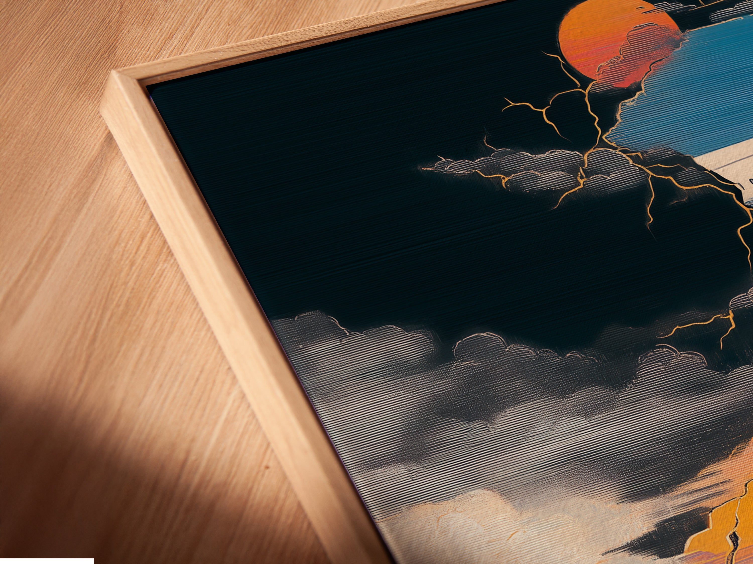 Close up of a canvas print in a floating frame. The abstract sunset wall art is eye-catching. The aviation travel poster is a modern masterpiece. Perfect for home or office.