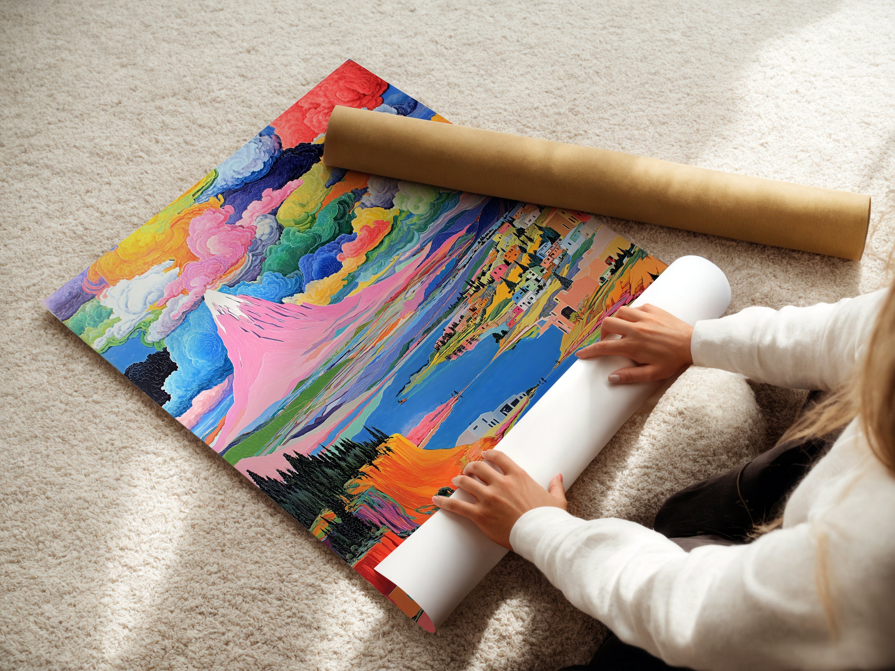 A woman is carefully rolling a fine art poster paper. The paper features a colorful mountain artwork print. This whimsical landscape art is ideal for home decor. The pink and teal nature scene adds a vibrant touch to any room.