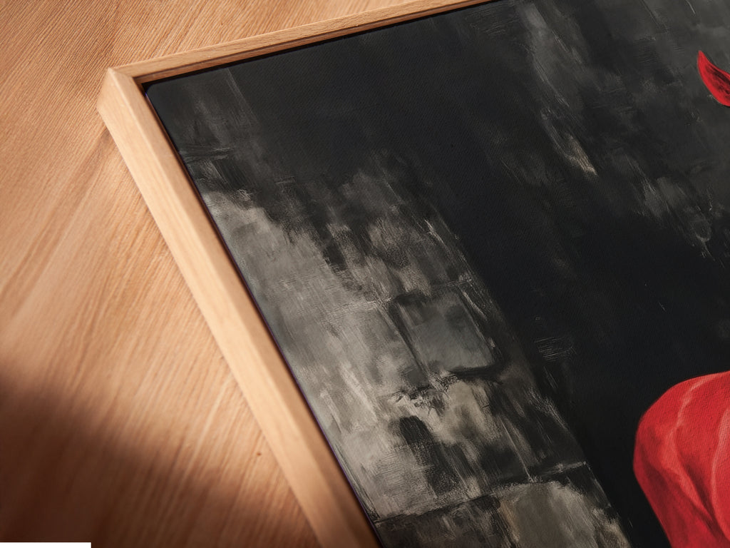 A close-up of the canvas print in a floating frame is shown. This modern animal artwork appears to float. Adding a unique touch to your equestrian wall art. Perfect for showcasing this bold animal print in any setting.