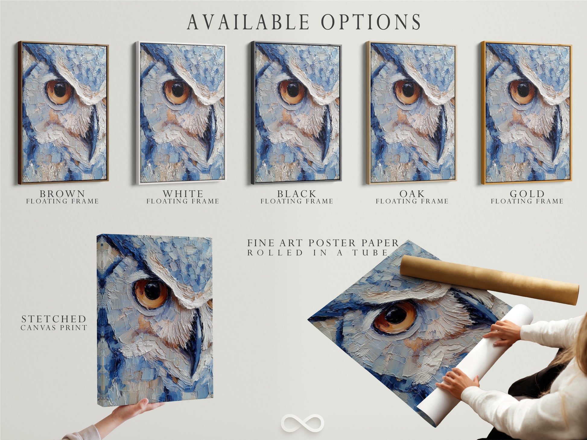 Available art options are displayed. These include a stretched canvas print. Also a fine art poster paper. And a floating frame. The image showcases versatility. It highlights the variety of choices for displaying artwork. The options cater to different tastes and preferences.
