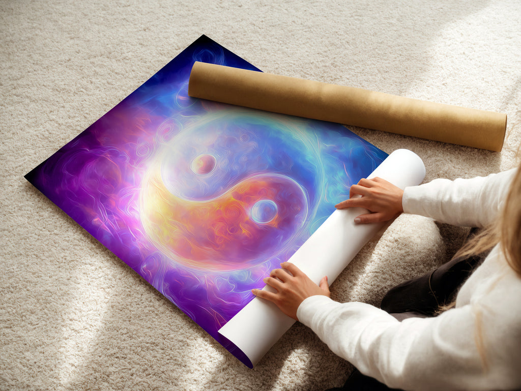 A woman is carefully rolling a fine art poster paper. This paper features the Yin Yang cosmic energy wall art. The spiritual purple and blue abstract artwork is delicate. It is perfect for minimalist and modern interiors. Discover holistic decor and balance symbol art