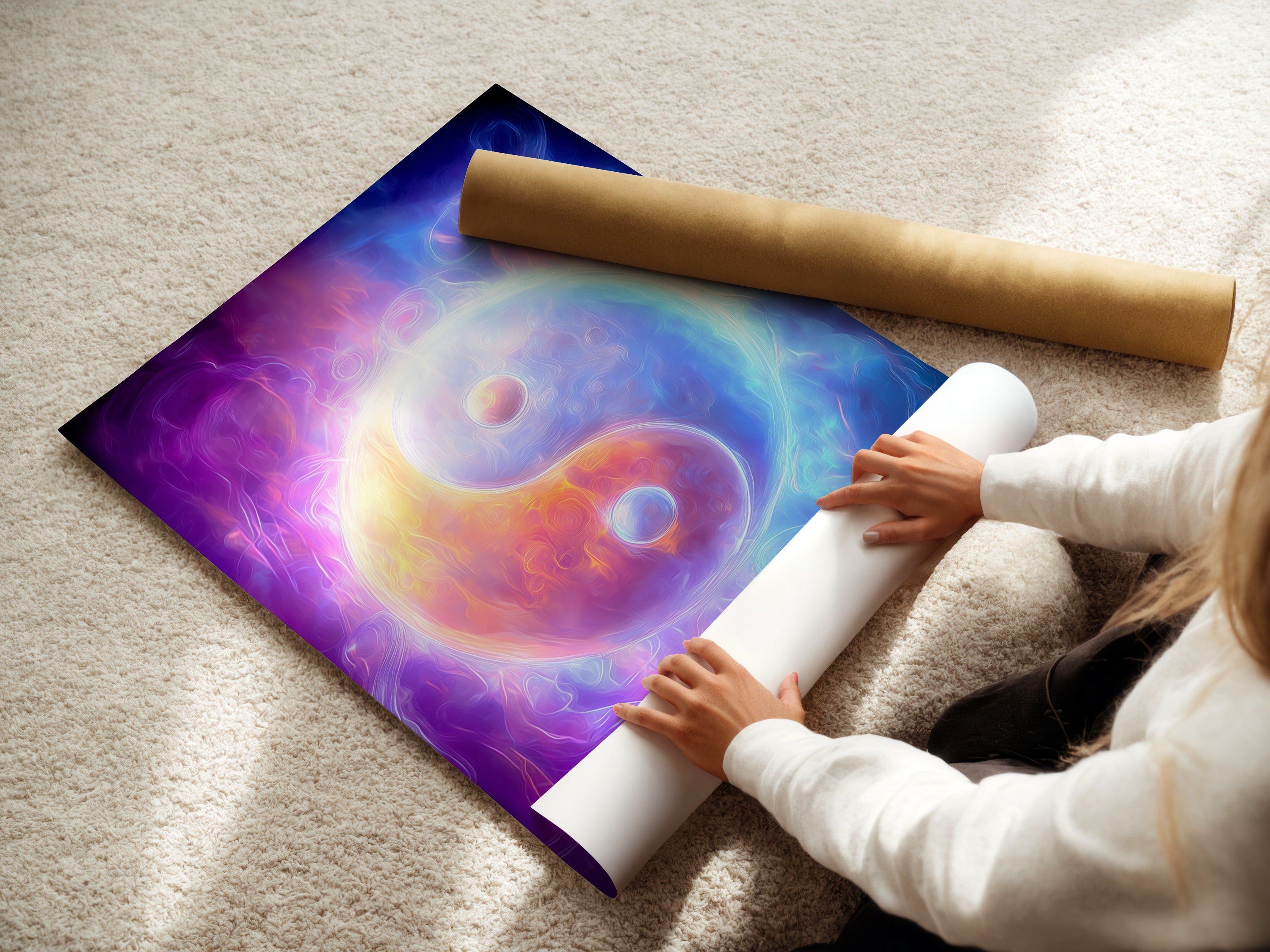 A woman is carefully rolling a fine art poster paper. This paper features the Yin Yang cosmic energy wall art. The spiritual purple and blue abstract artwork is delicate. It is perfect for minimalist and modern interiors. Discover holistic decor and balance symbol art