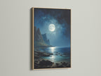 Moonlit Ocean Seascape Print - Coastal Cliffs Wall Art, Blue Night Sky Poster, Beach Waves Decor, Nautical Home Art