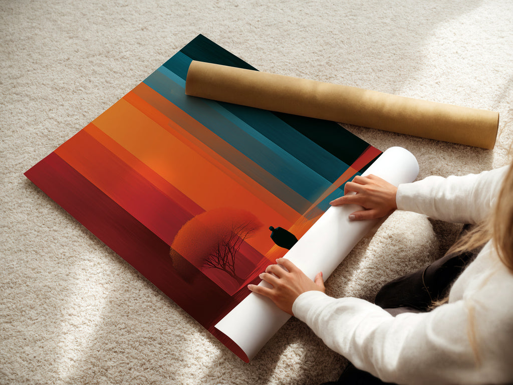 A woman is carefully rolling a fine art poster paper. The paper features a surreal landscape artwork.  The modern abstract wall art is perfect for office decor. This minimalist print showcases contemporary art.
