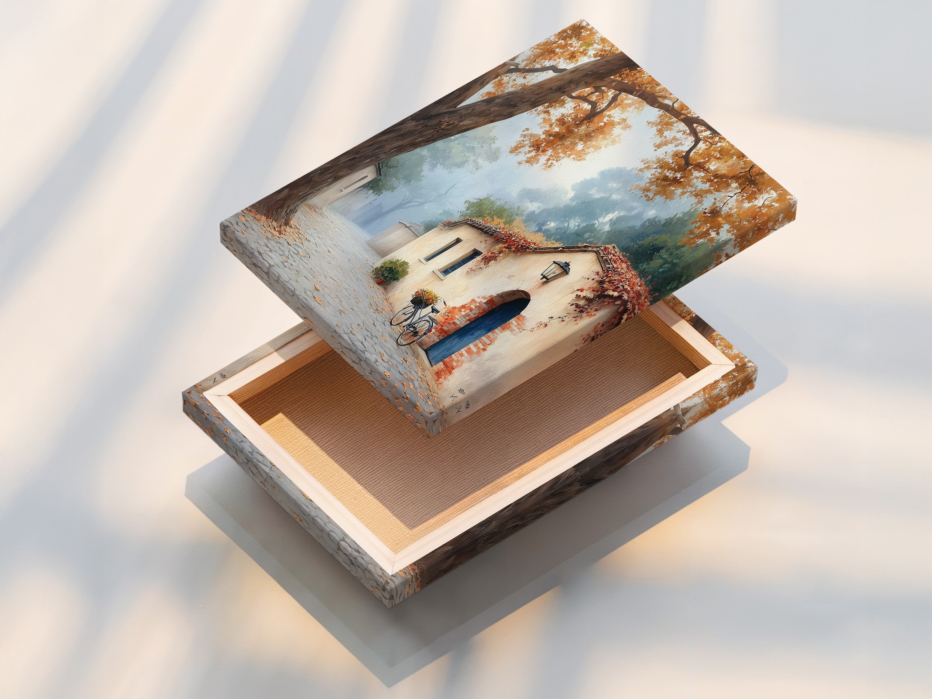 This is a stretched canvas print of the Italian Village Canvas Print. This Tuscan Wall Art shows an autumn landscape painting. It is ready to hang and adds a warm touch. It's great for living rooms bedrooms or cafes.