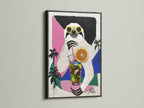 Sloth Cocktail artwork in a black frame. This tropical animal art is a bold statement piece. The black frame adds a modern touch. It is ideal for creating a focal point in your kitchen bar or living room.