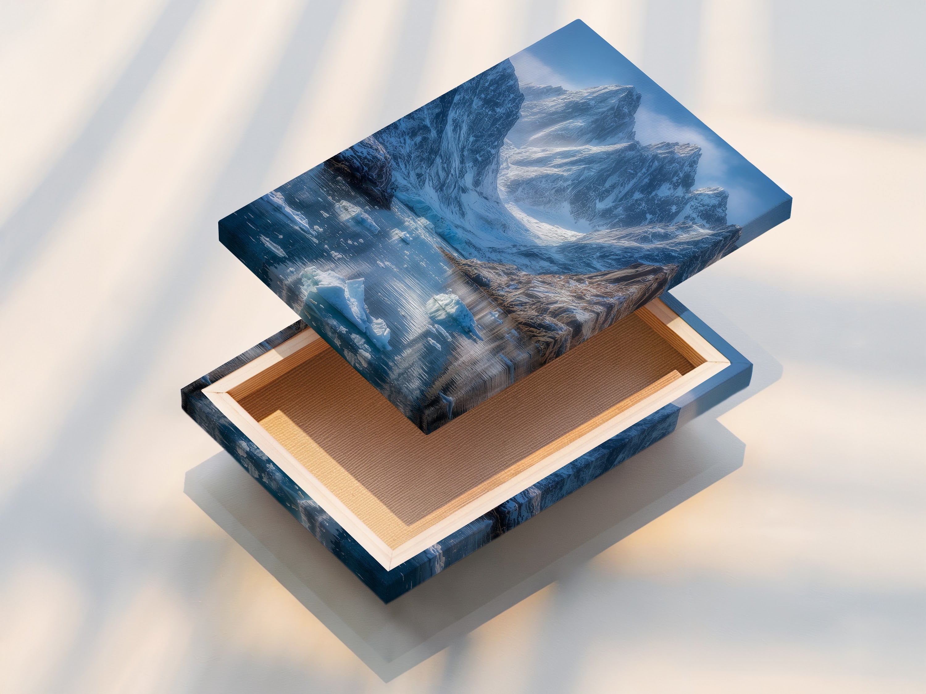A stretched canvas print of a Mountain Glacier artwork is displayed. The canvas brings the blue iceberg scenery to life. This stretched canvas is ready to hang. It is perfect for creating a focal point in any room.
