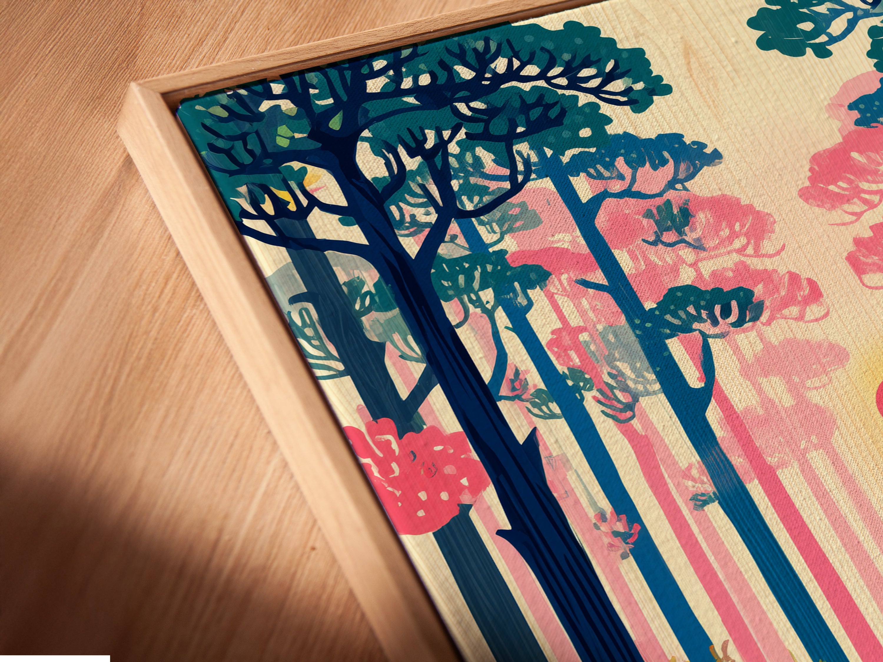 A close-up of the blue rhino canvas print in a floating frame. This modern framing style enhances the artwork's appeal. The tropical forest wall art looks stunning. Perfect for adding a contemporary touch to your decor. Showcases fine details and vibrant colors.