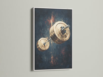 The barbell weights canvas print is displayed in a white frame. Perfect for fitness enthusiasts. This gym canvas print offers a clean athletic aesthetic. Elevate your workout space with this white frame.