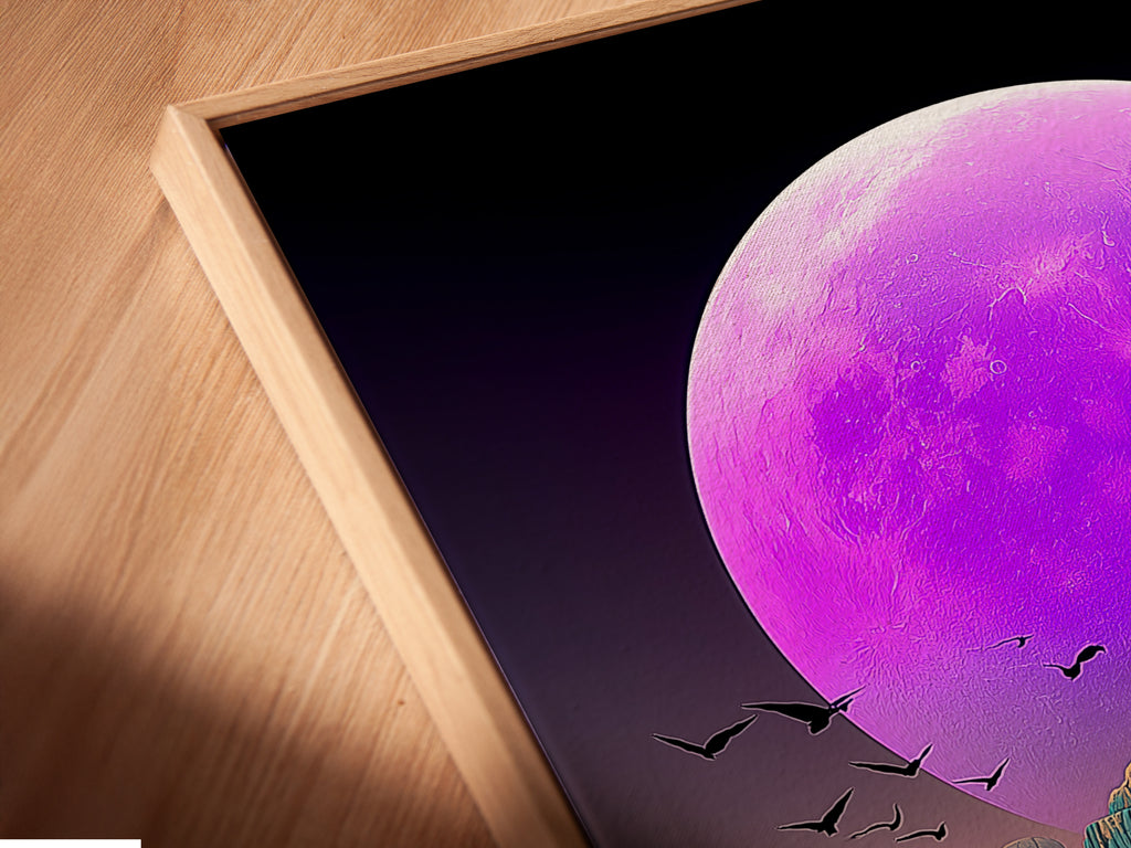 Close-up of a canvas print in a floating frame. The celestial moon art showcases a purple lunar landscape. This modern fantasy artwork enhances any room. Add a touch of cosmic charm to your home decor.