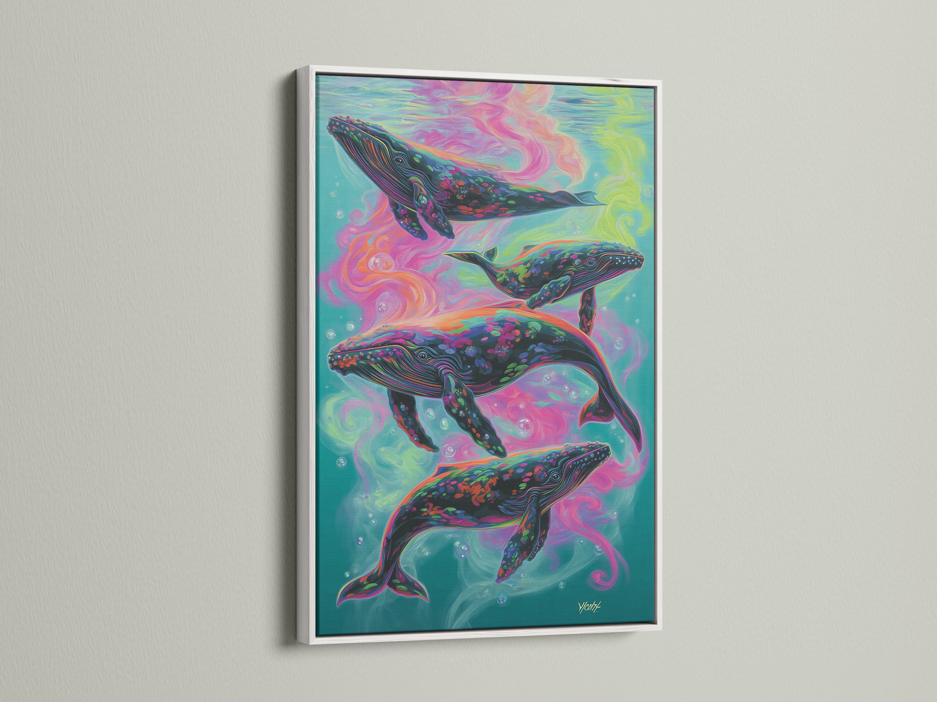A psychedelic ocean artwork featuring colorful whales. The artwork is displayed in a white frame. This vibrant marine life art adds a unique touch to any room. Perfect for adding a splash of color and whimsy to your walls. Ideal for bohemian and eclectic styles. A captivating piece for ocean and art enthusiasts.