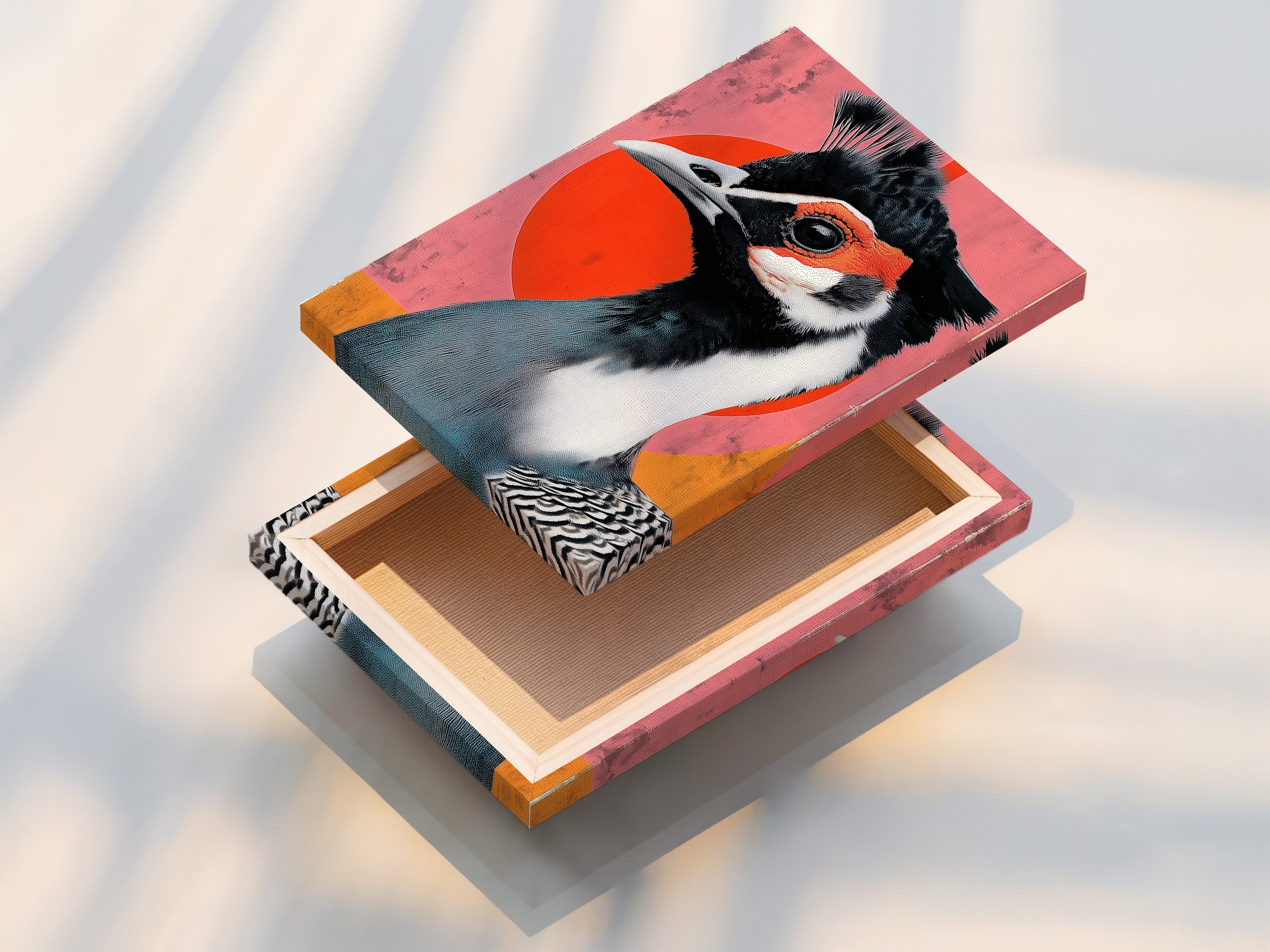 Stretched canvas print of the Exotic Bird artwork. The artwork features teal and coral colors. It adds a contemporary touch to any room. Ideal for living rooms and offices. Enhance your decor with this modern artwork.