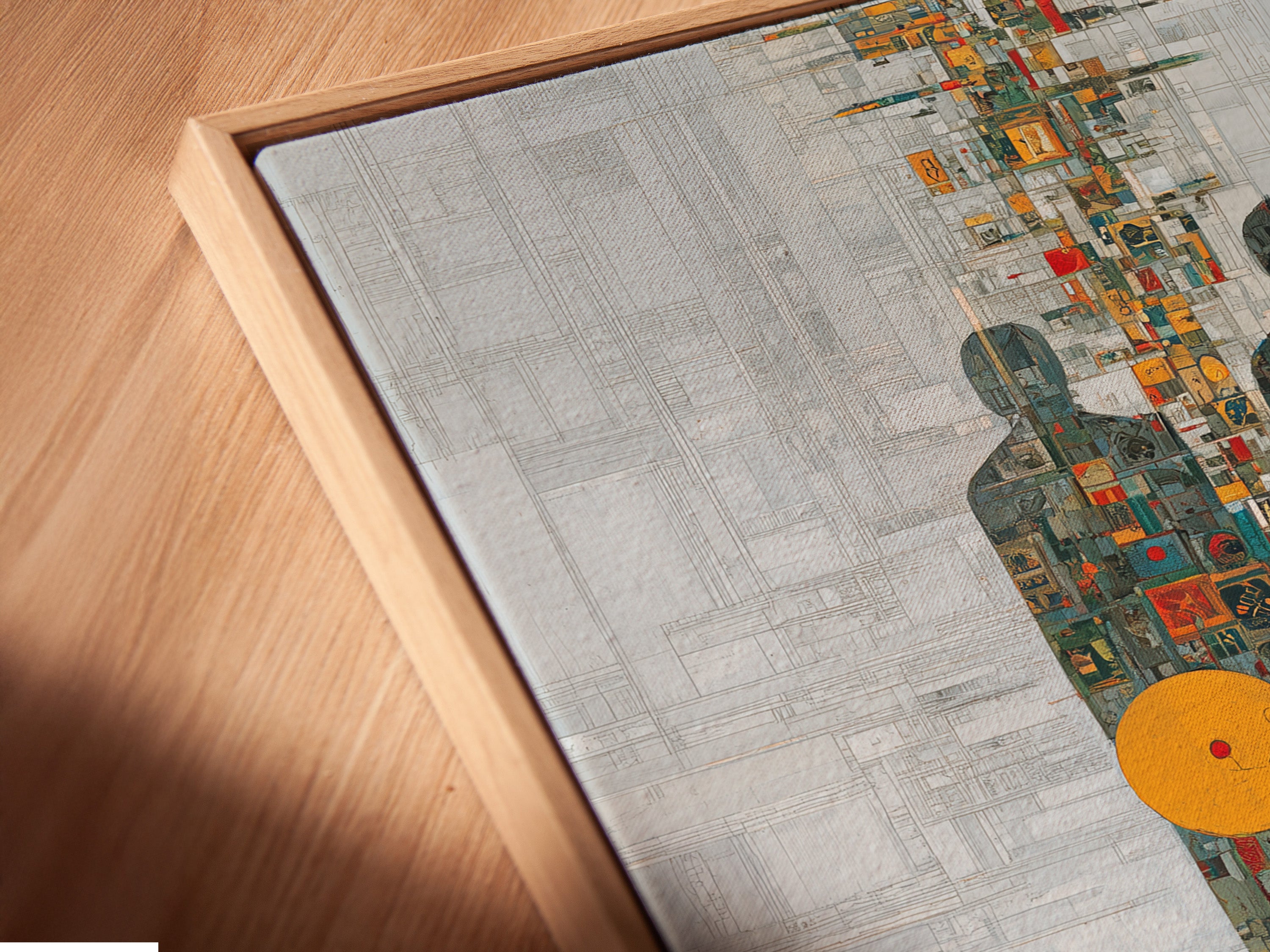 Close up of a canvas print in a floating frame. The abstract figures artwork features an orange circle. The contemporary design adds elegance to any room. Perfect for minimalist or mid-century modern styles. Elevate your living room art with this unique piece.