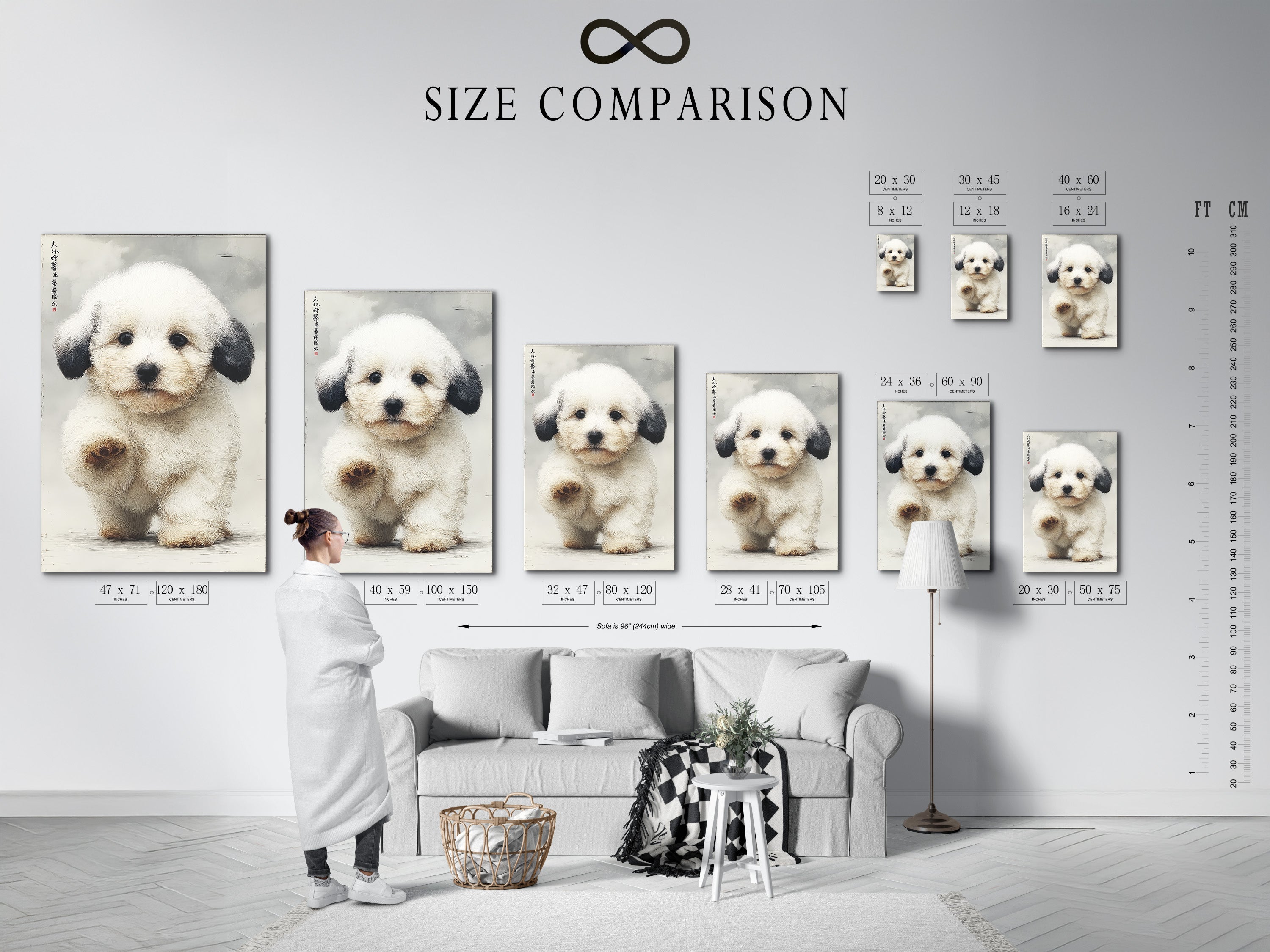 A size comparison chart in an interior setting. See how this cute puppy artwork fits in your space. This dog canvas print is available in various sizes. Perfect for nursery wall art or kids room decor. This pet wall decor complements minimalist and Scandinavian styles.