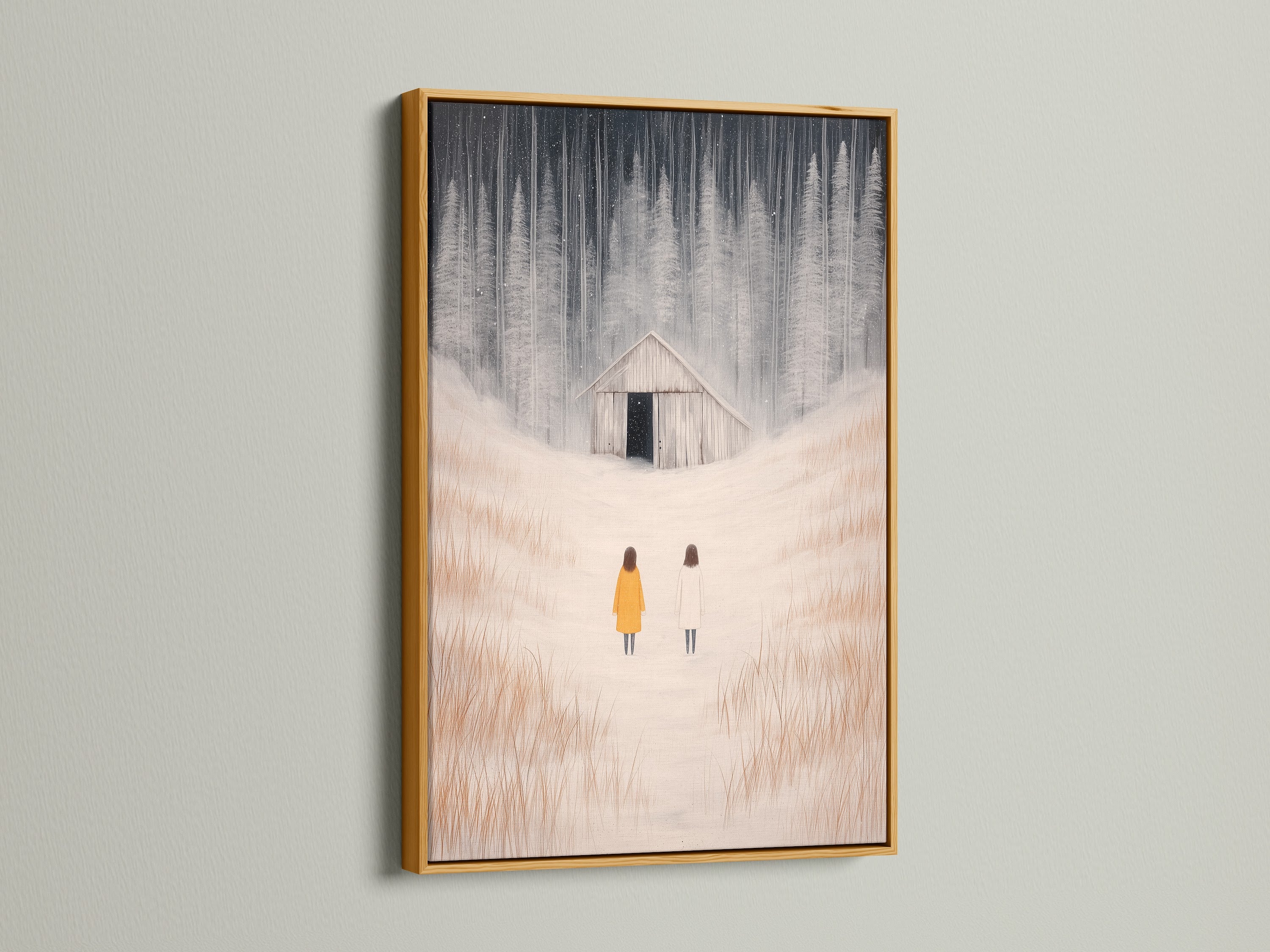 A gold frame accentuates the winter landscape artwork. Figures are depicted in a snowy field. This minimalist farmhouse decor adds warmth. It's ideal for creating an inviting home.