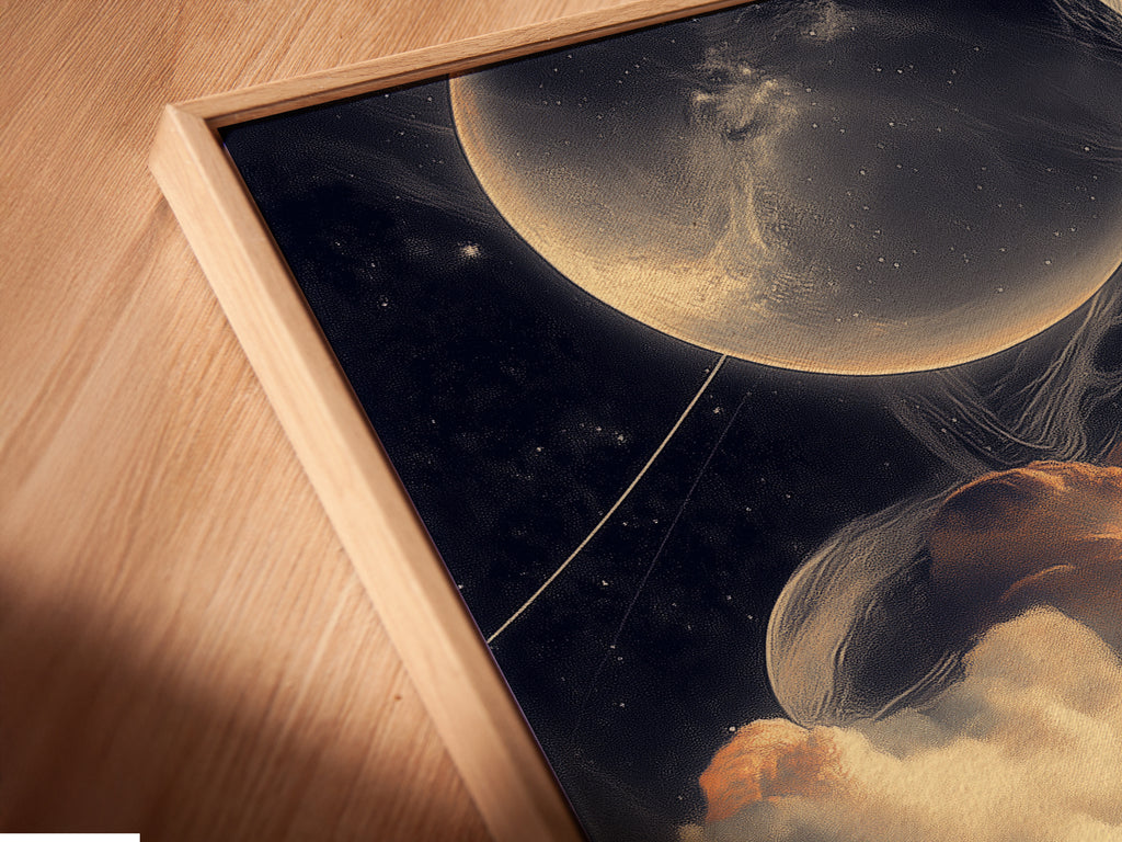 A close-up shot shows a canvas print in a floating frame. This celestial landscape artwork features cosmic mountains and dreamy space elements. Enhance your space with this beautiful piece.