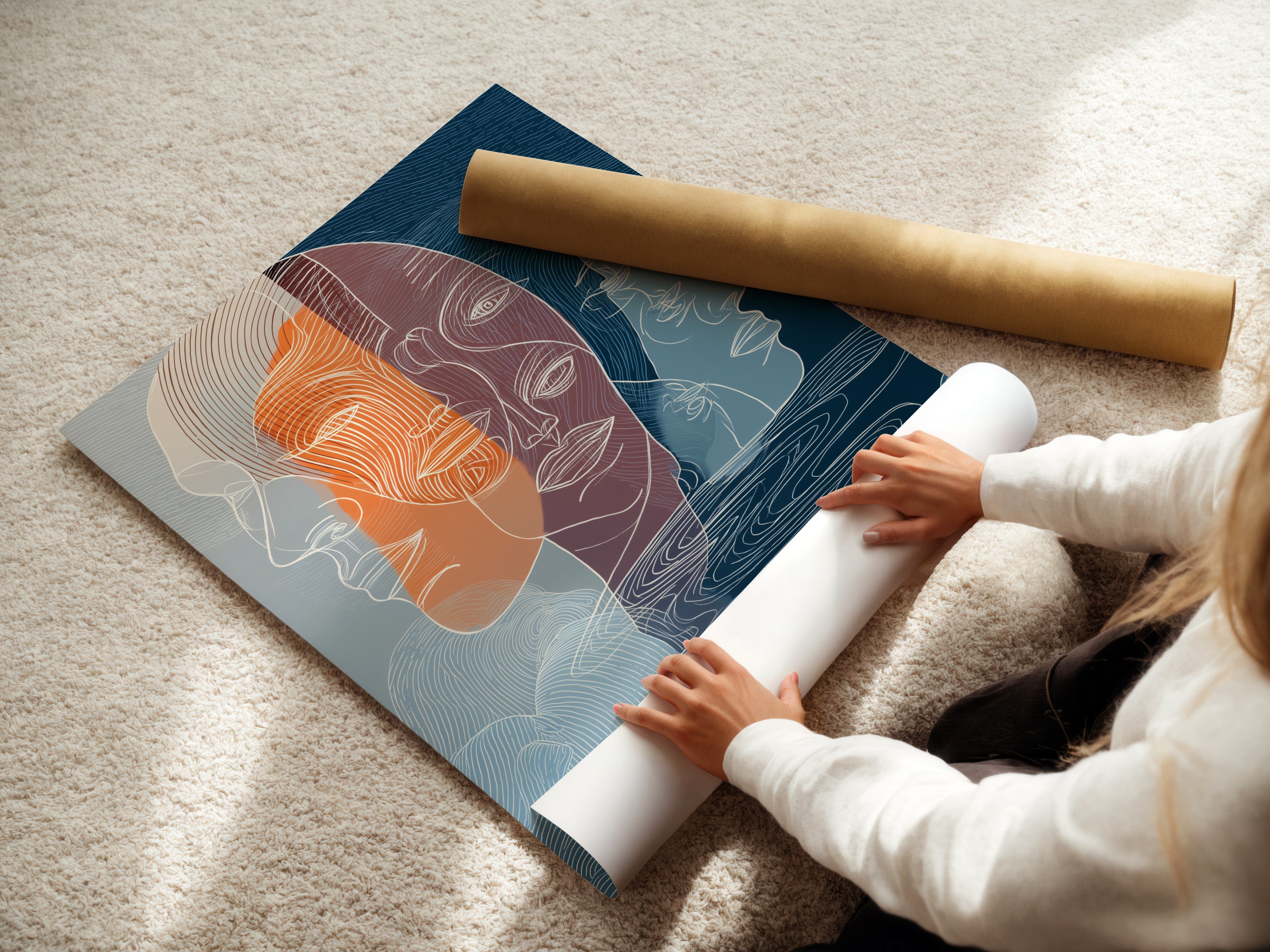 A woman carefully rolls a fine art poster paper. She handles the paper with care ensuring its pristine condition. Fine art poster paper is ideal for high quality reproductions. Discover the best materials for showcasing your artwork.