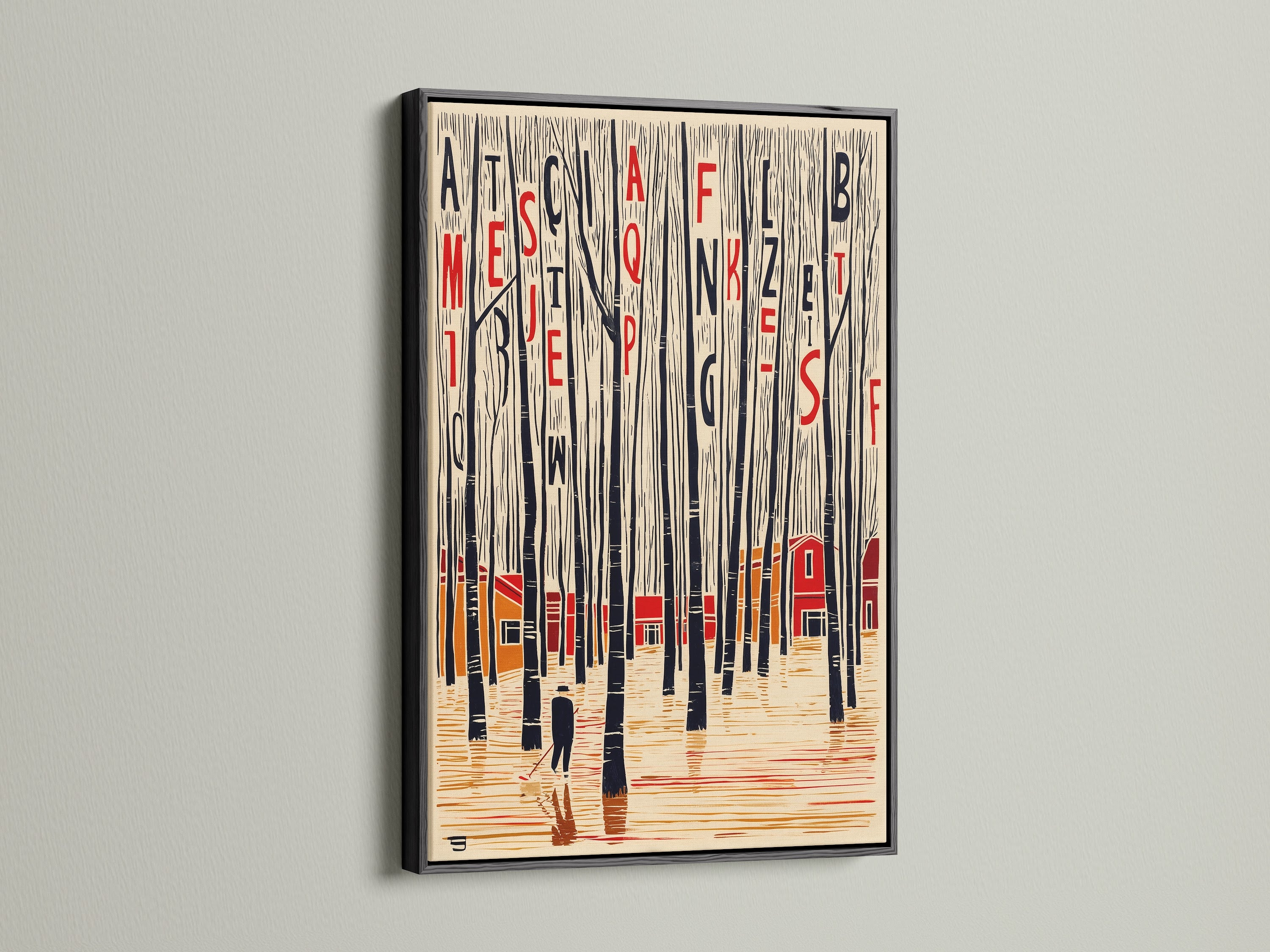 The typographic forest art is framed in a sleek black frame. This modern wall art stands out. The nature typography adds a unique touch to any room. Perfect for scandi print lovers and abstract forest enthusiasts. The artwork features red cabins and black trees creating a striking contrast.