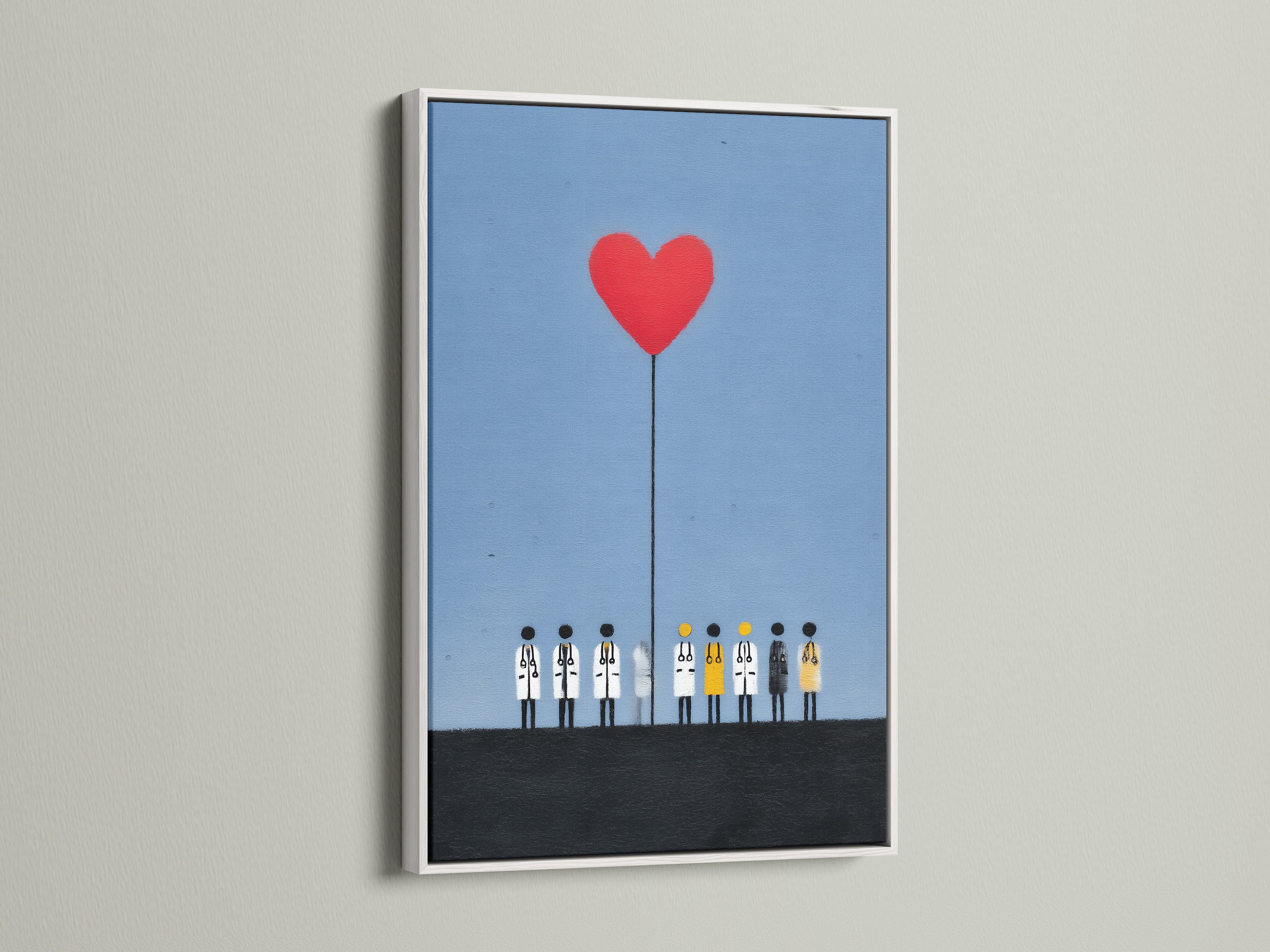 The artwork features medical team with a red heart balloon. This print is framed in white frame. The white frame provides a clean modern look. Ideal for hospital wall decor or a nurse's station. The artwork symbolizes unity among healthcare heroes.