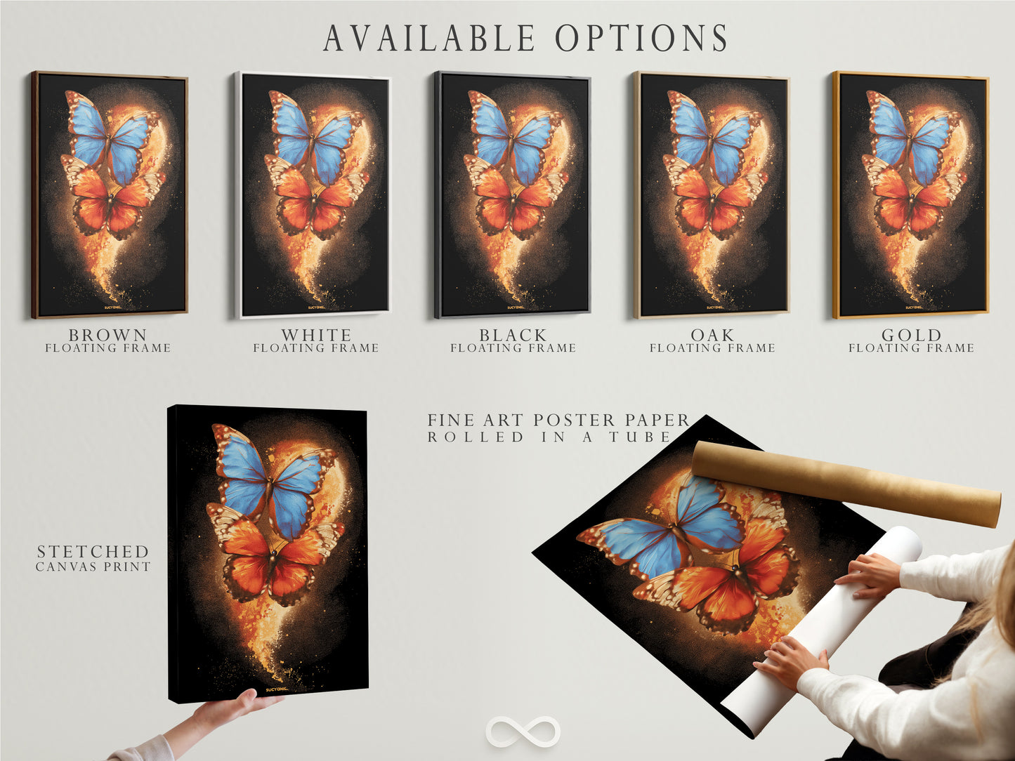 This image showcases available options for the butterfly artwork. Options include stretched canvas prints fine art poster paper and floating frames. The blue and orange insect art is versatile. Find the perfect fit for your decor.