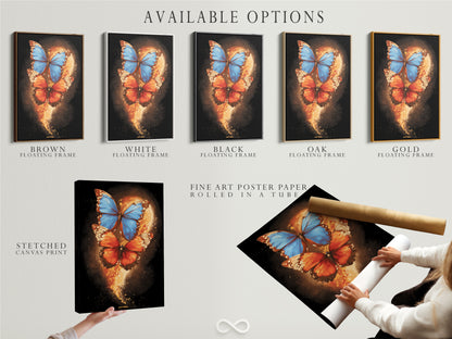This image showcases available options for the butterfly artwork. Options include stretched canvas prints fine art poster paper and floating frames. The blue and orange insect art is versatile. Find the perfect fit for your decor.