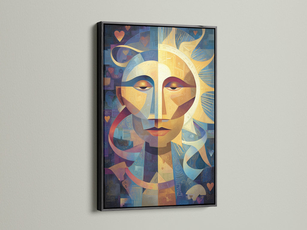 An abstract sun face art print is showcased in a bold black frame. The black frame provides a striking contrast. It makes artwork pop. A classic choice for a dramatic and sophisticated display ensuring artwork stands out.