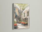 This Architectural Atrium artwork features a white frame. It offers a clean modern look. The botanical garden artwork brightens any wall. Its perfect for office wall decor. The white frame enhances the art's contemporary style. This piece adds a peaceful element to your space.
