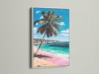 Beach canvas art displayed in a white frame. The artwork shows a vibrant tropical beach with a palm tree and turquoise ocean. A great choice for coastal artwork to enhance living rooms or bedrooms.