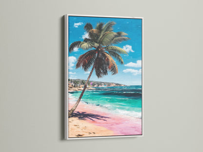 Beach canvas art displayed in a white frame. The artwork shows a vibrant tropical beach with a palm tree and turquoise ocean. A great choice for coastal artwork to enhance living rooms or bedrooms.
