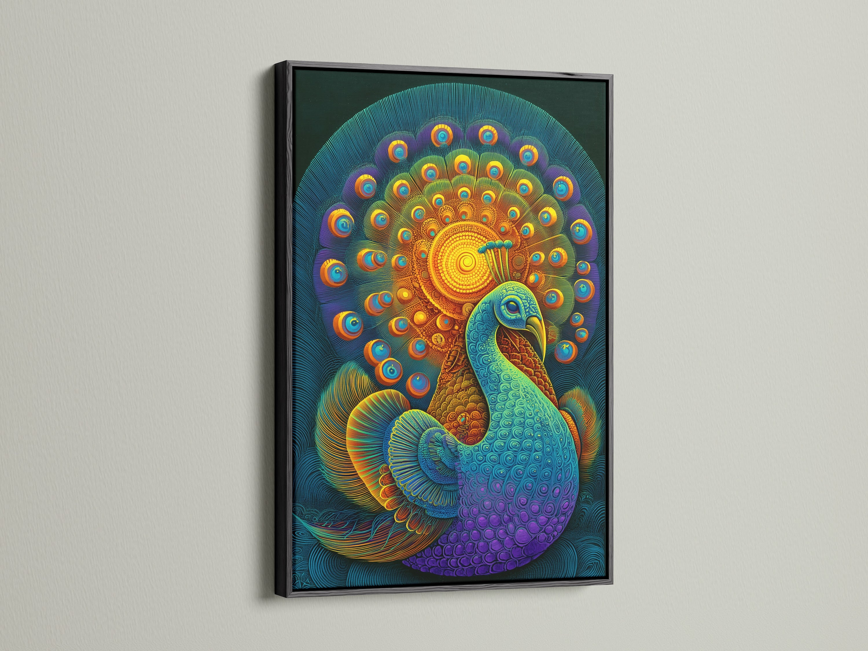Bohemian Peacock artwork with teal and gold accents in a black frame. The black frame adds a touch of sophistication to the colorful artwork. Perfect for creating a focal point in any room. A unique piece of animal art to enhance your home decor.