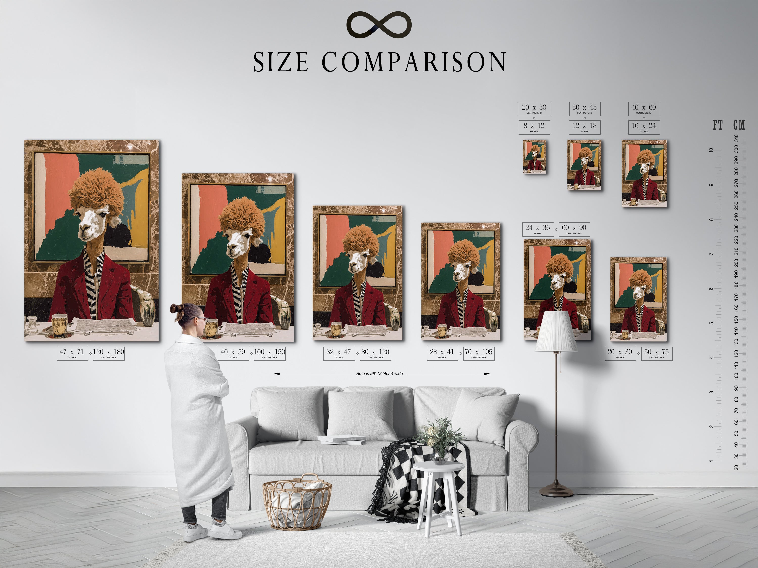 Size comparison chart in interior setting. See how the quirky llama fits your space. This whimsical animal art enhances any room. Choose the perfect size for your vintage portrait.