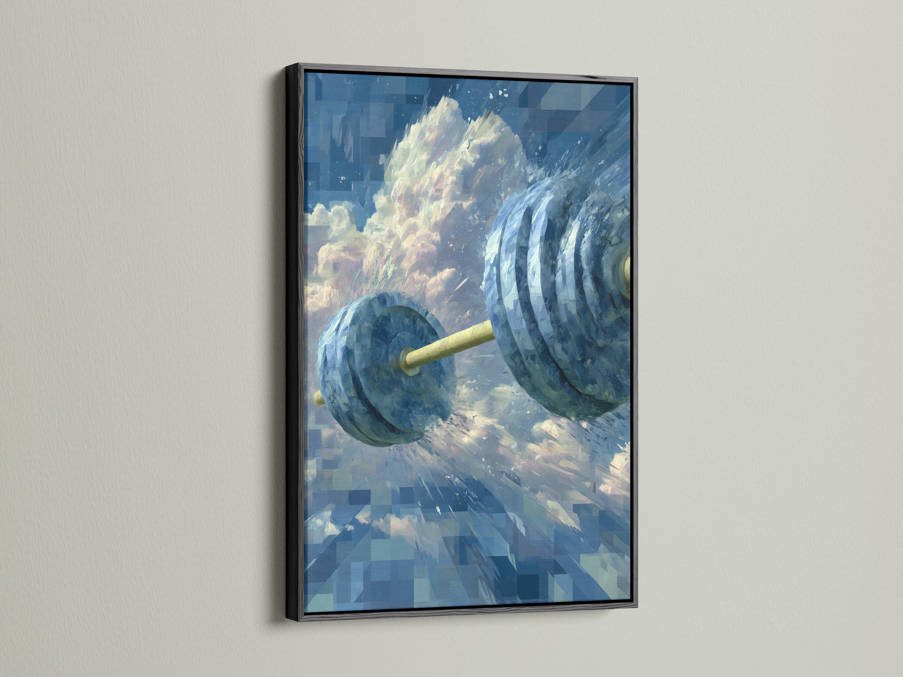 Fitness Motivation Canvas Print in a sleek black frame. This abstract fitness art is a great addition to your gym room decor. Motivate your workouts with this stylish piece in your home gym.