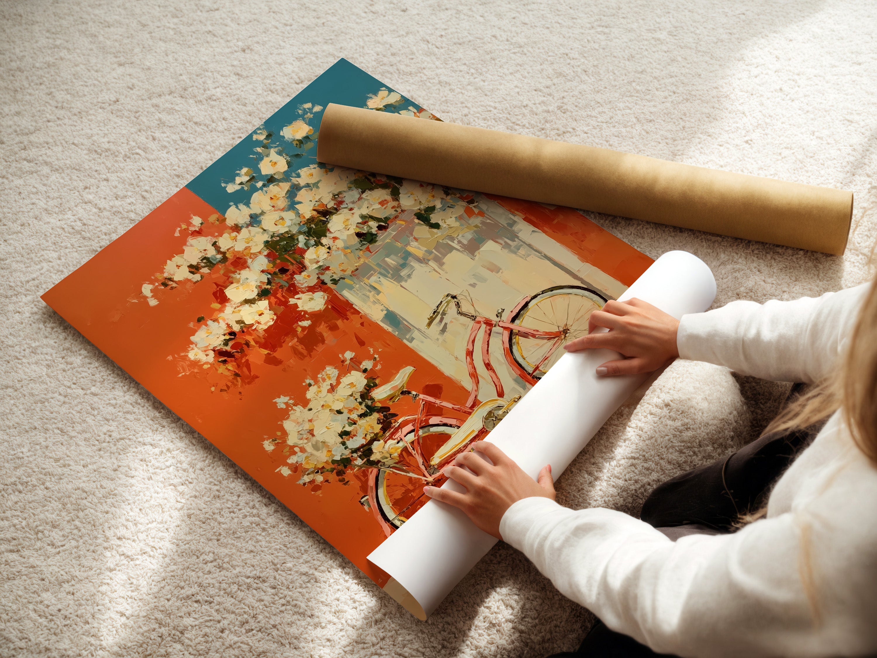A woman carefully rolling a fine art poster paper. The paper features vintage bicycle artwork with floral accents in coral and teal. Perfect for creating retro posters for kitchen or living room decor. This highlights the care taken in preparing fine art prints. Add a distinctive touch to your home decor.