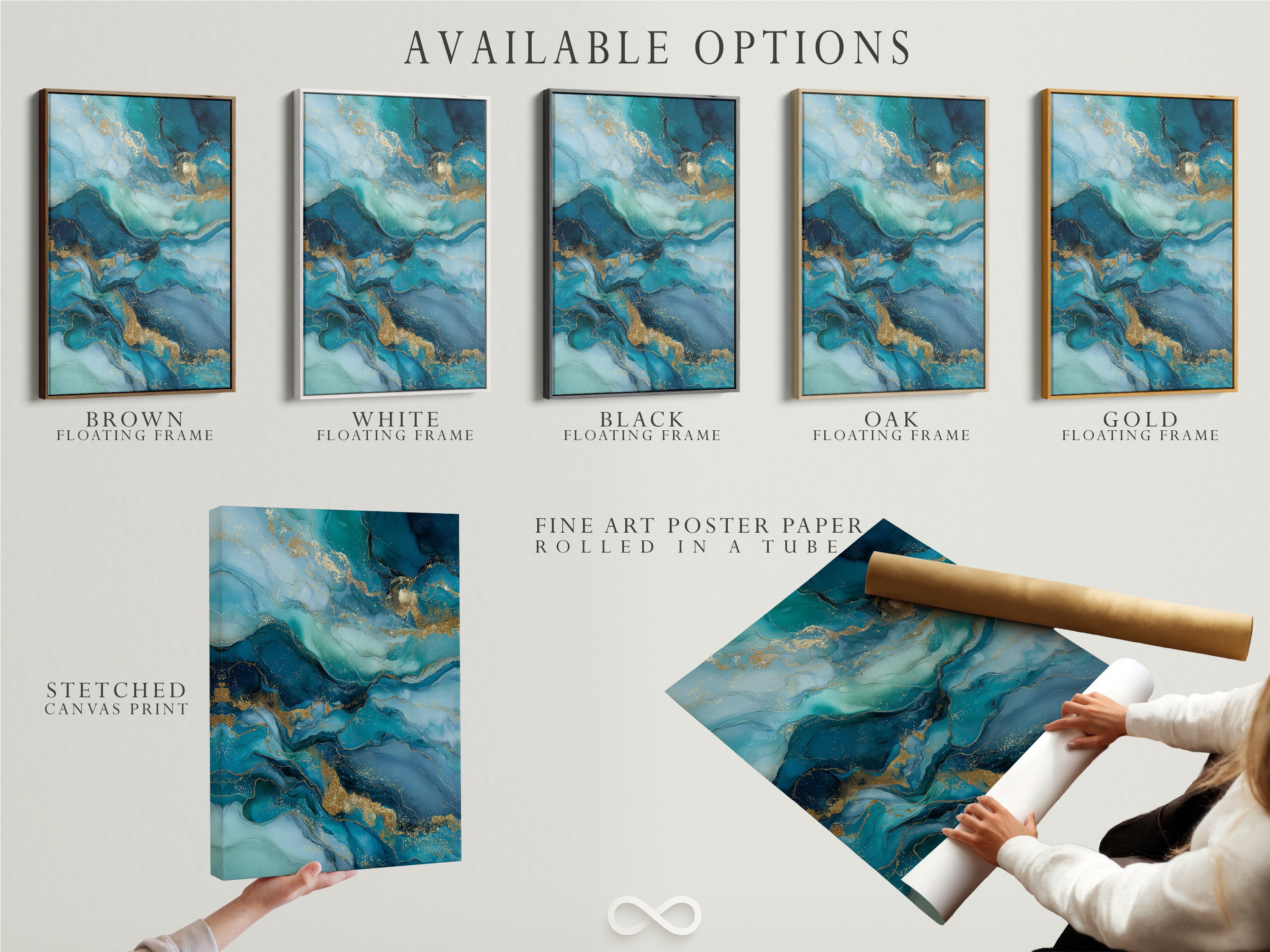 Explore the available options for this abstract ocean artwork. Choose from a stretched canvas print fine art poster paper or a floating frame. Teal and gold colors enhance modern decor. Find the perfect style to complement your coastal or eclectic aesthetic.