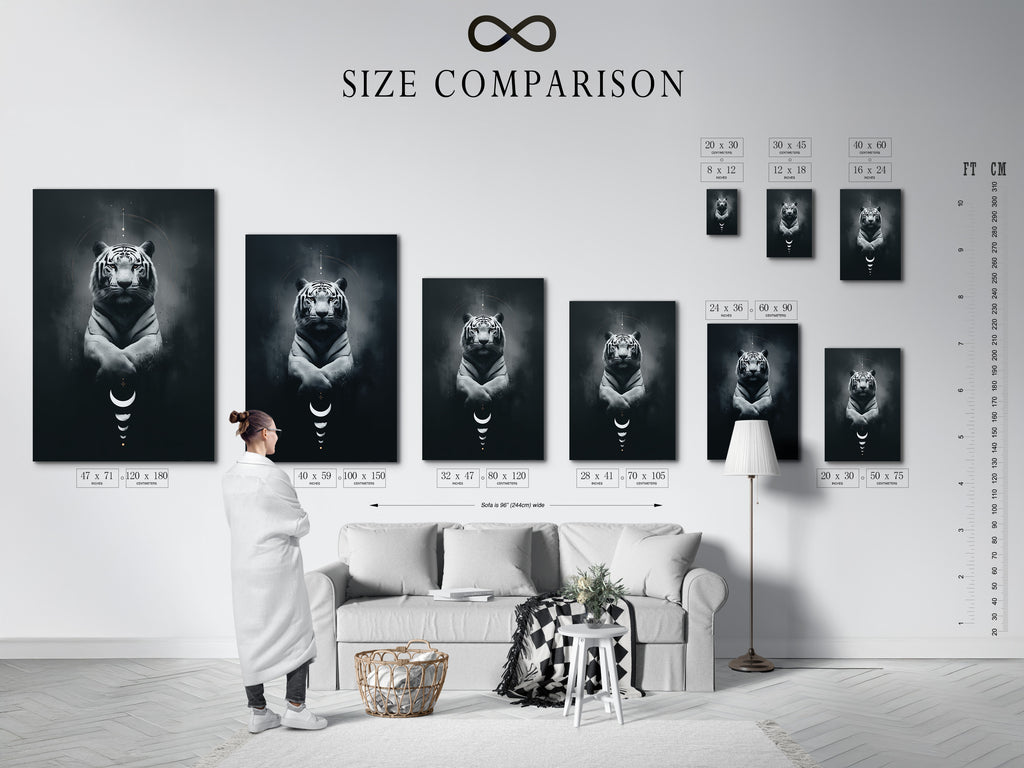 Size comparison chart displayed in an interior setting. See how different sizes of this mystical tiger art fit your space. Visualize the impact of this celestial animal wall art. Choose the perfect size for your spiritual decor.