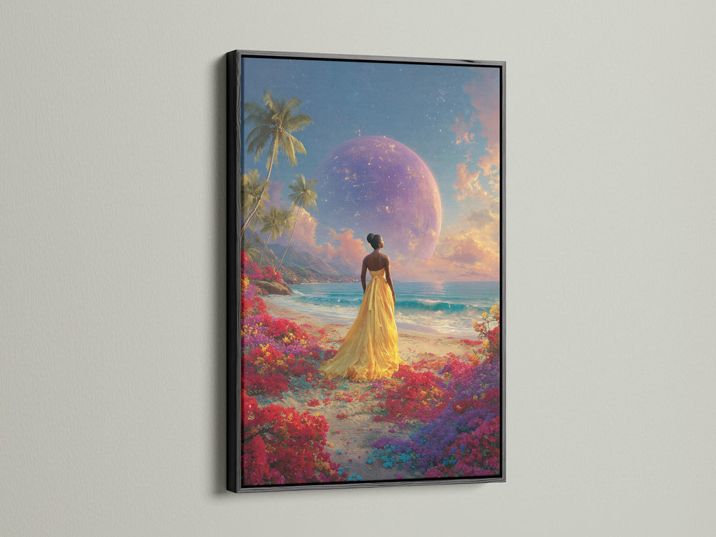 An artwork of a woman in a yellow dress on a beach with a planet in the sky is framed in black. The black frame offers a modern style. This artwork is a bold statement piece. Check out our black frame option.