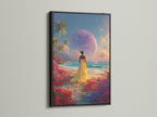 An artwork of a woman in a yellow dress on a beach with a planet in the sky is framed in black. The black frame offers a modern style. This artwork is a bold statement piece. Check out our black frame option.