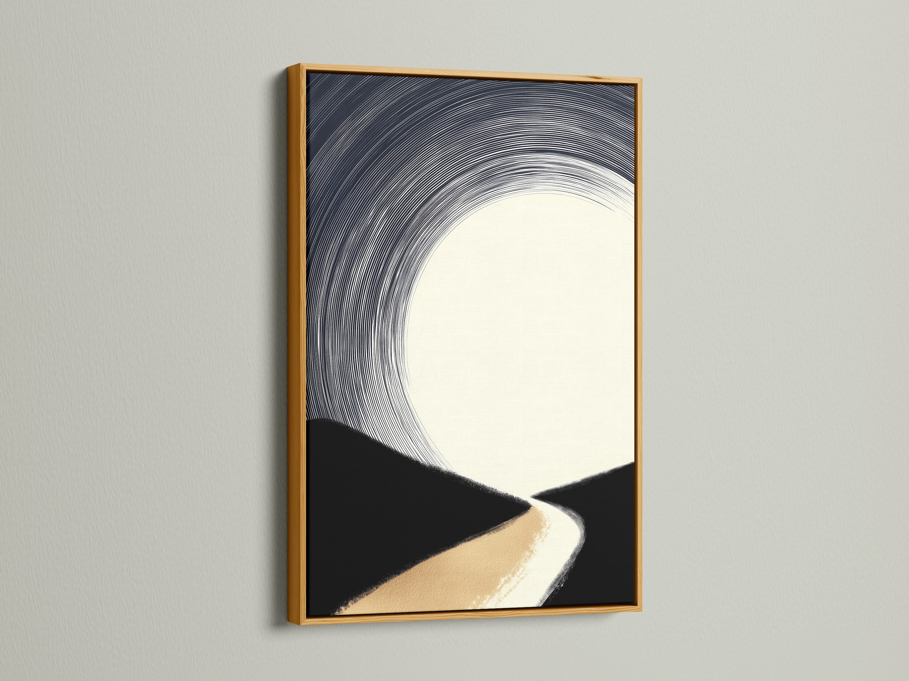 A gold frame highlights a minimalist piece of art. The artwork presents an abstract landscape. The colors are beige black and white. This frame and artwork combo adds a touch of luxury. Perfect for enhancing living rooms bedrooms and offices with modern elegance.