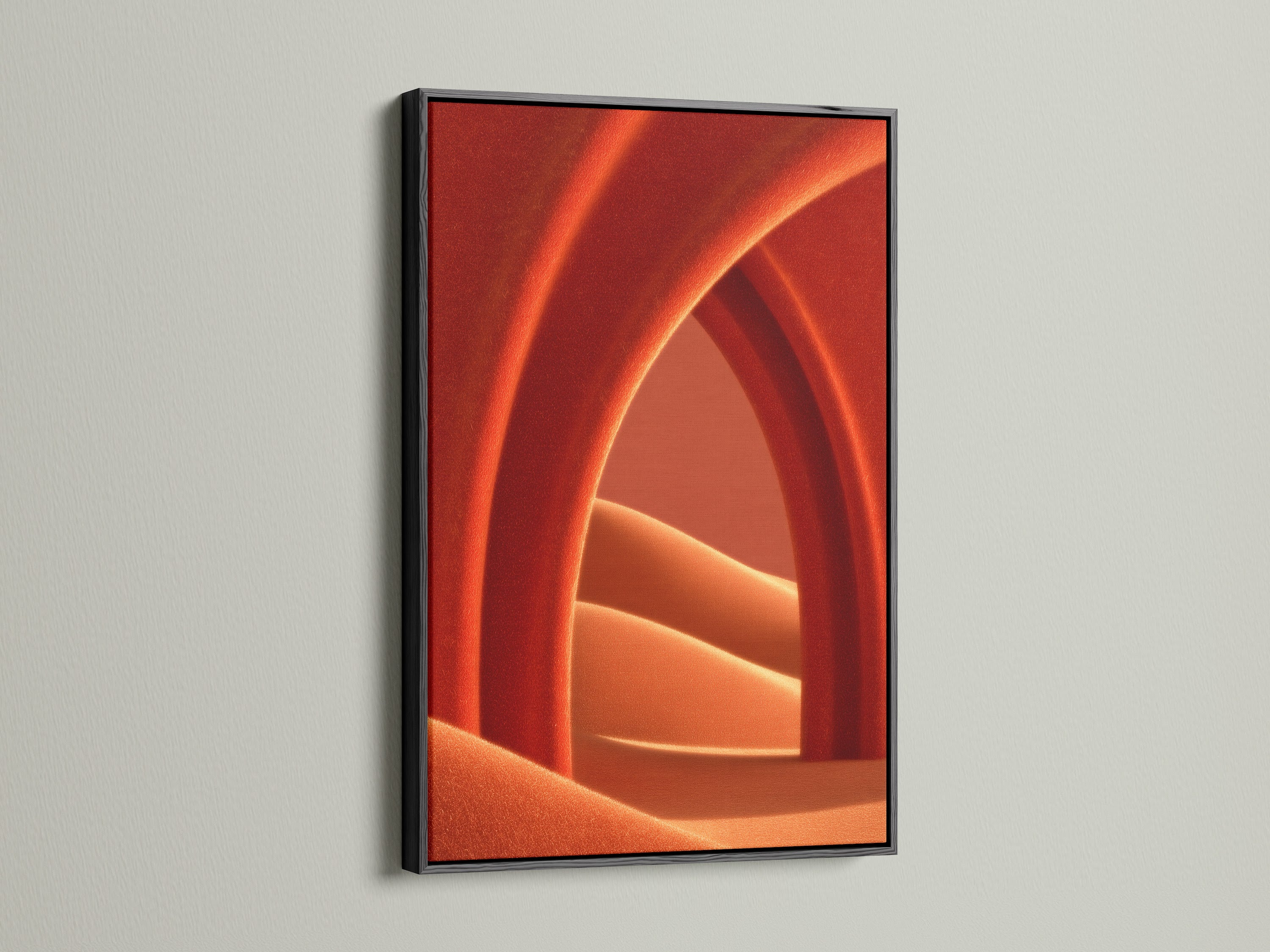 Abstract Terracotta Wall Art showcased in a black frame. The sleek black frame adds contrast to the warm earth tones. A modern minimalist poster perfect as bedroom wall decor. The abstract canvas complements contemporary styled spaces. Enhance your living space with modern artwork.