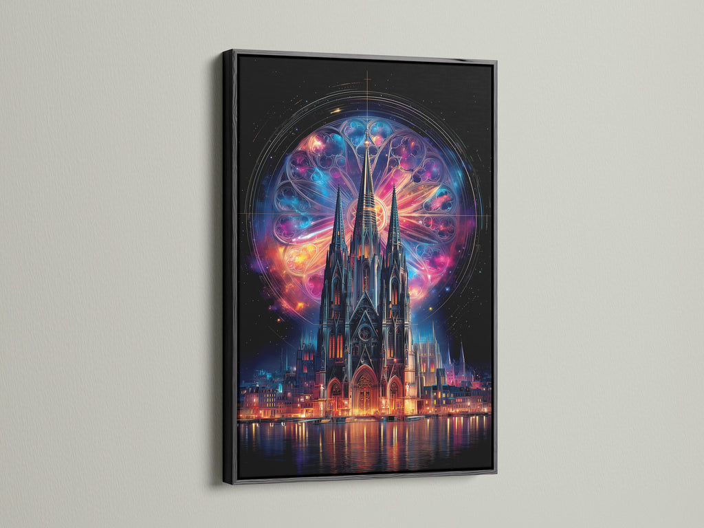 Gothic Cathedral artwork. A cosmic stained glass wall art piece with a black frame. This mystical fantasy architecture canvas elevates any room. Great for living room bedroom or office wall art.