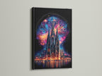 Gothic Cathedral artwork. A cosmic stained glass wall art piece with a black frame. This mystical fantasy architecture canvas elevates any room. Great for living room bedroom or office wall art.
