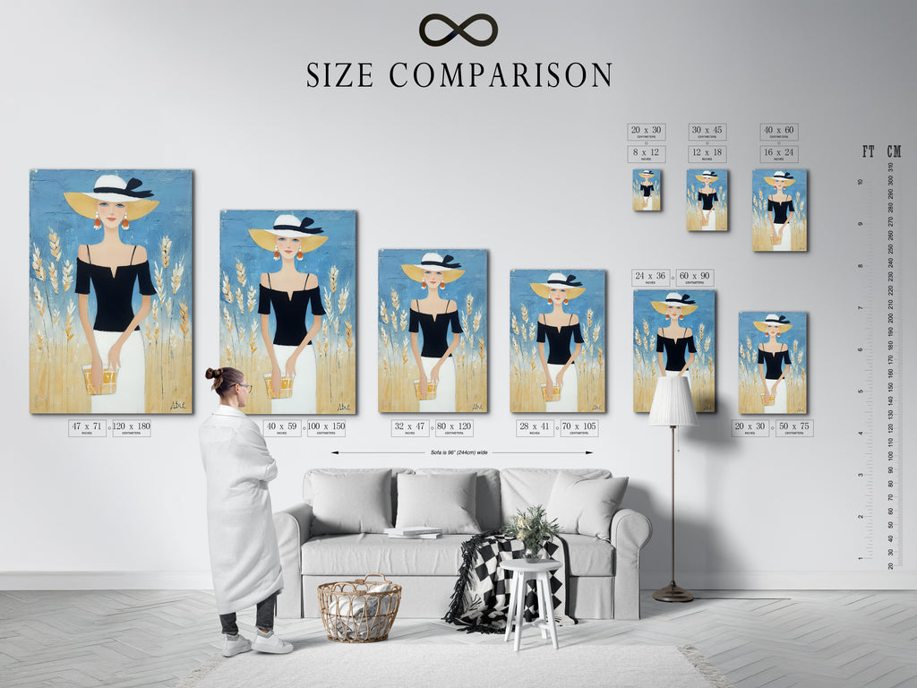 Size comparison chart of the Elegant Woman Artwork in a modern interior. See how this chic fashion wall art fits in various spaces. Perfect for boutique decor and art deco styles. Visualize the ideal size for your stylish print.