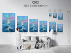 A size comparison chart is displayed in an interior setting. The chart helps you visualize the different artwork sizes. It ensures you find the perfect fit for your space. This allows you to make an informed decision about your art purchase.